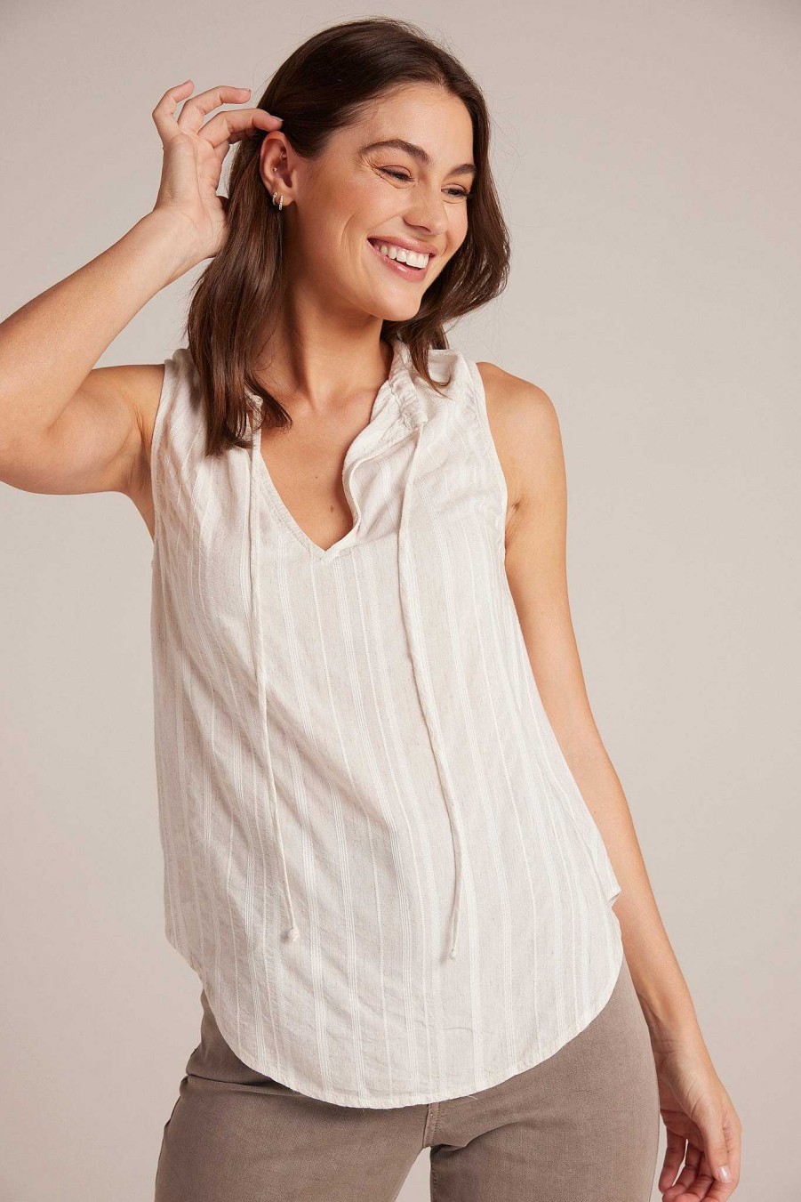 Bella Dahl Shirred Neck Sleeveless Pullover - White Sand Stripe Sleeveless