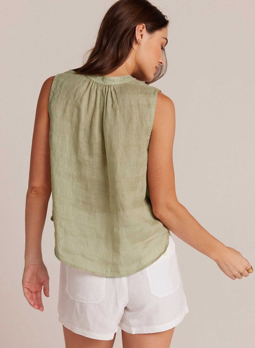 Bella Dahl Sleeveless Shirred Shoulder Blouse - Pale Palm Sleeveless