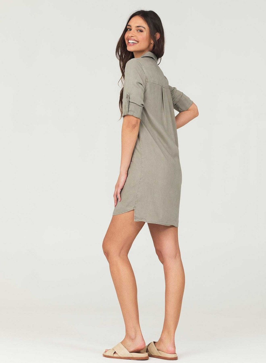 Bella Dahl A-Line Rolled Tab Sleeve Dress - Soft Army Mini Dresses