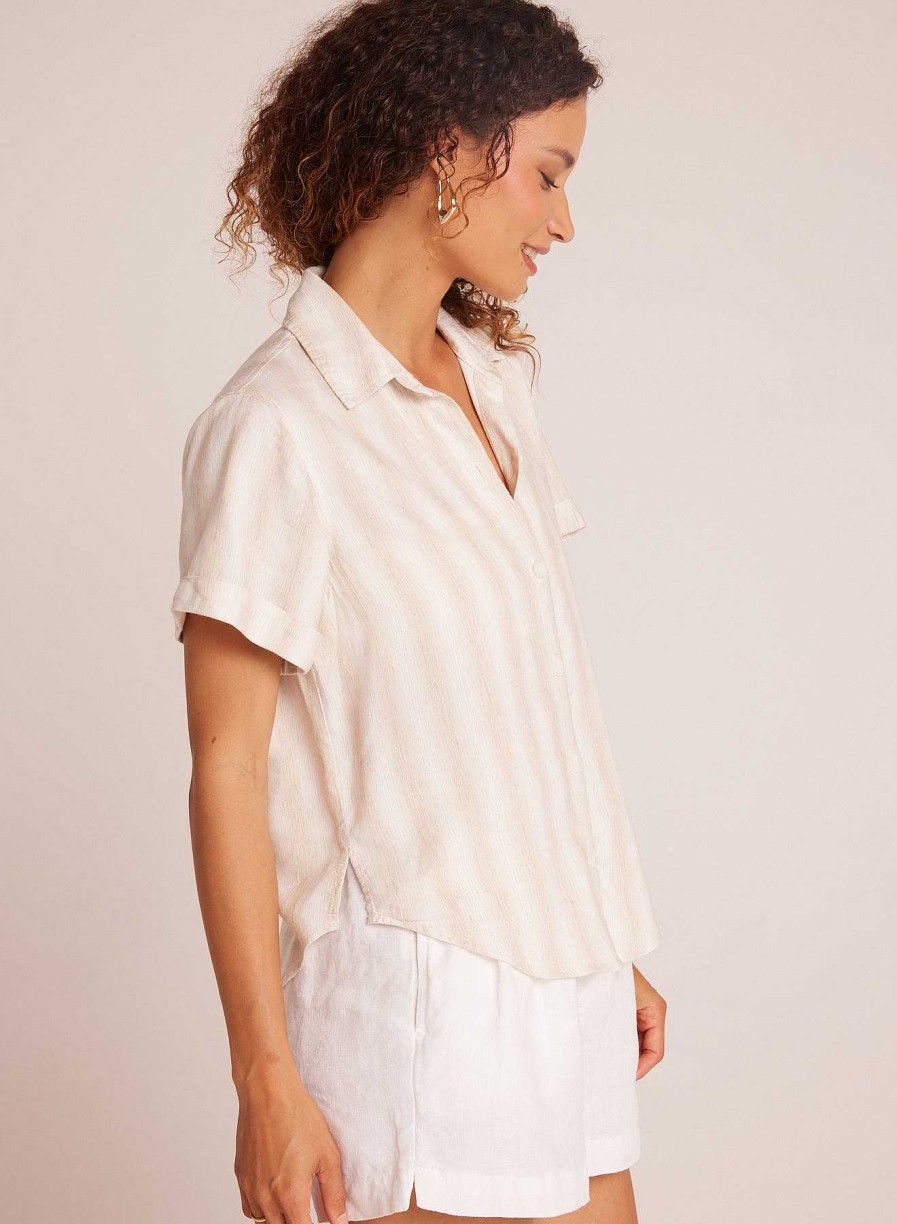 Bella Dahl Cuffed Short Sleeve Shirt - Playa Sand Stripe Short Sleeve