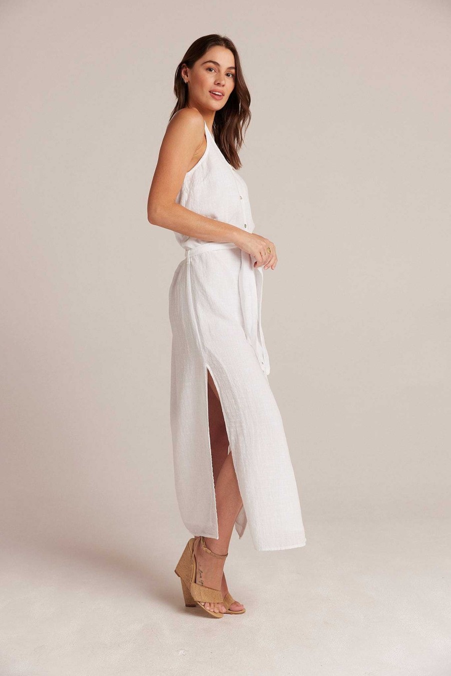 Bella Dahl Belted Button Front Sleeveless Dress- White Maxi Dresses