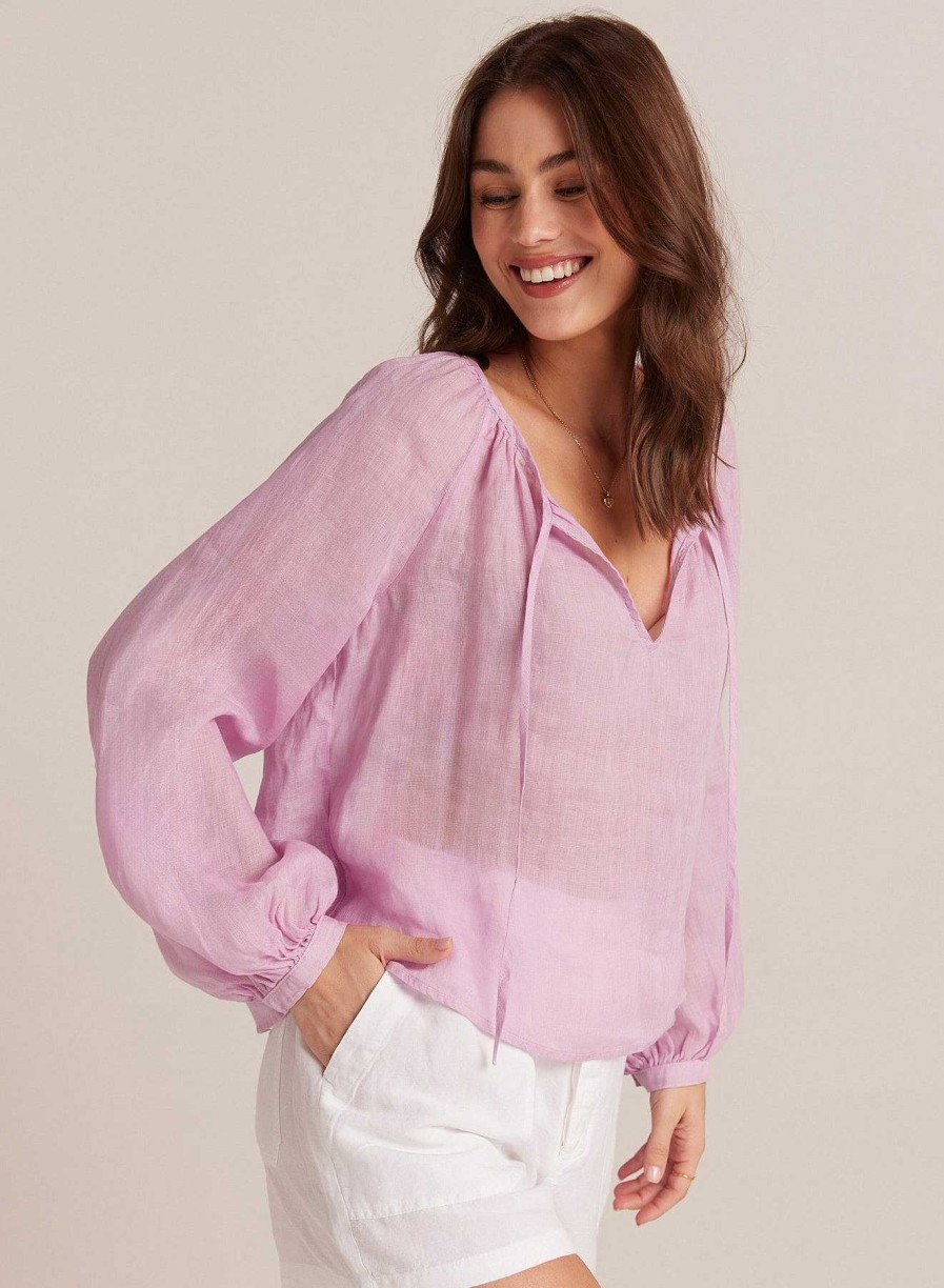 Bella Dahl Shirred Linen Raglan Blouse - Light Orchid Long Sleeve