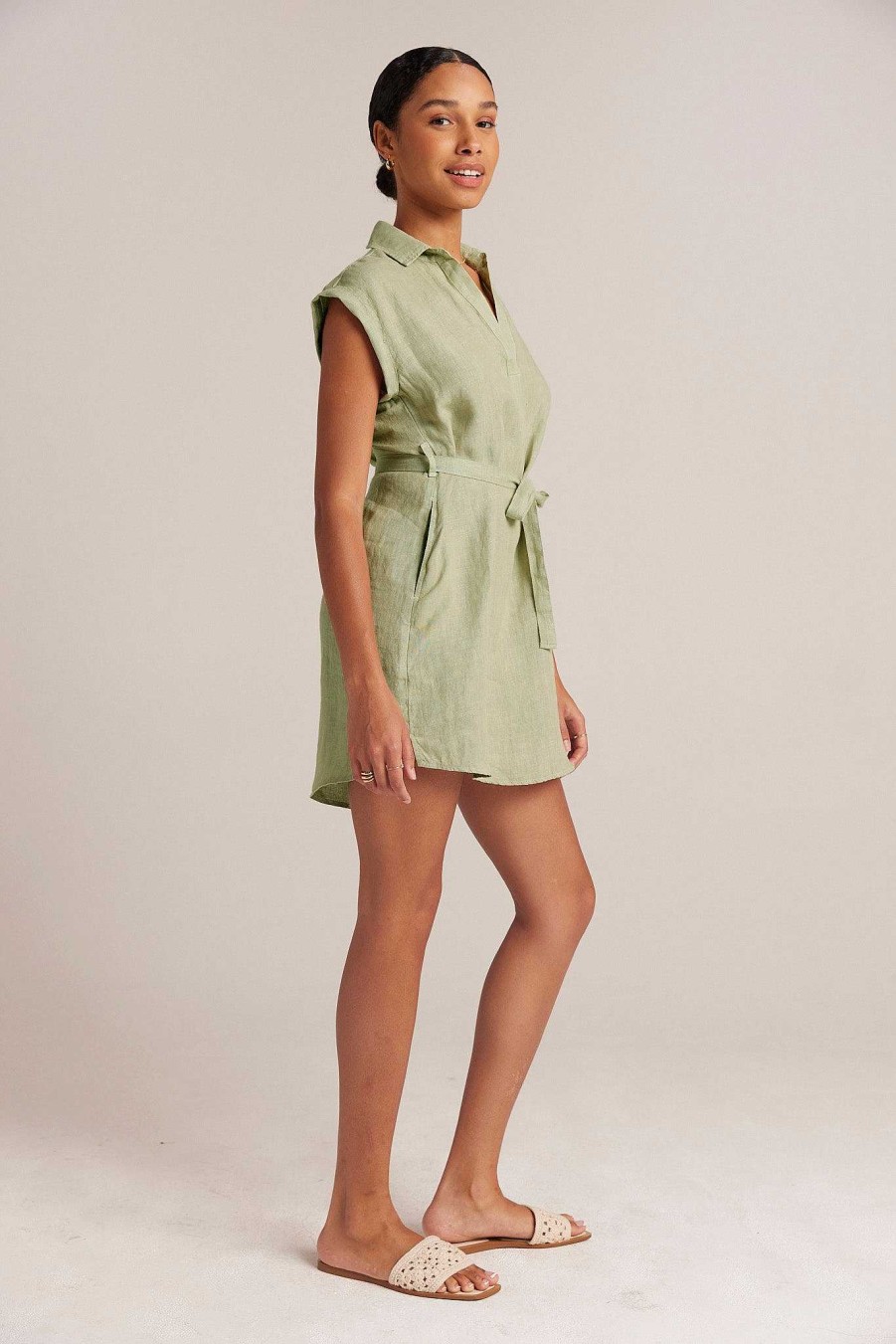 Bella Dahl Belted Linen Shirt Dress - Pale Palm Mini Dresses