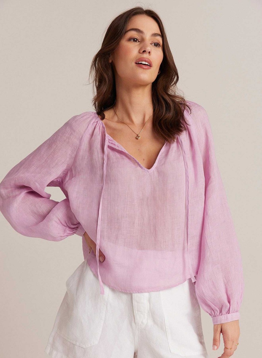 Bella Dahl Shirred Linen Raglan Blouse - Light Orchid Long Sleeve