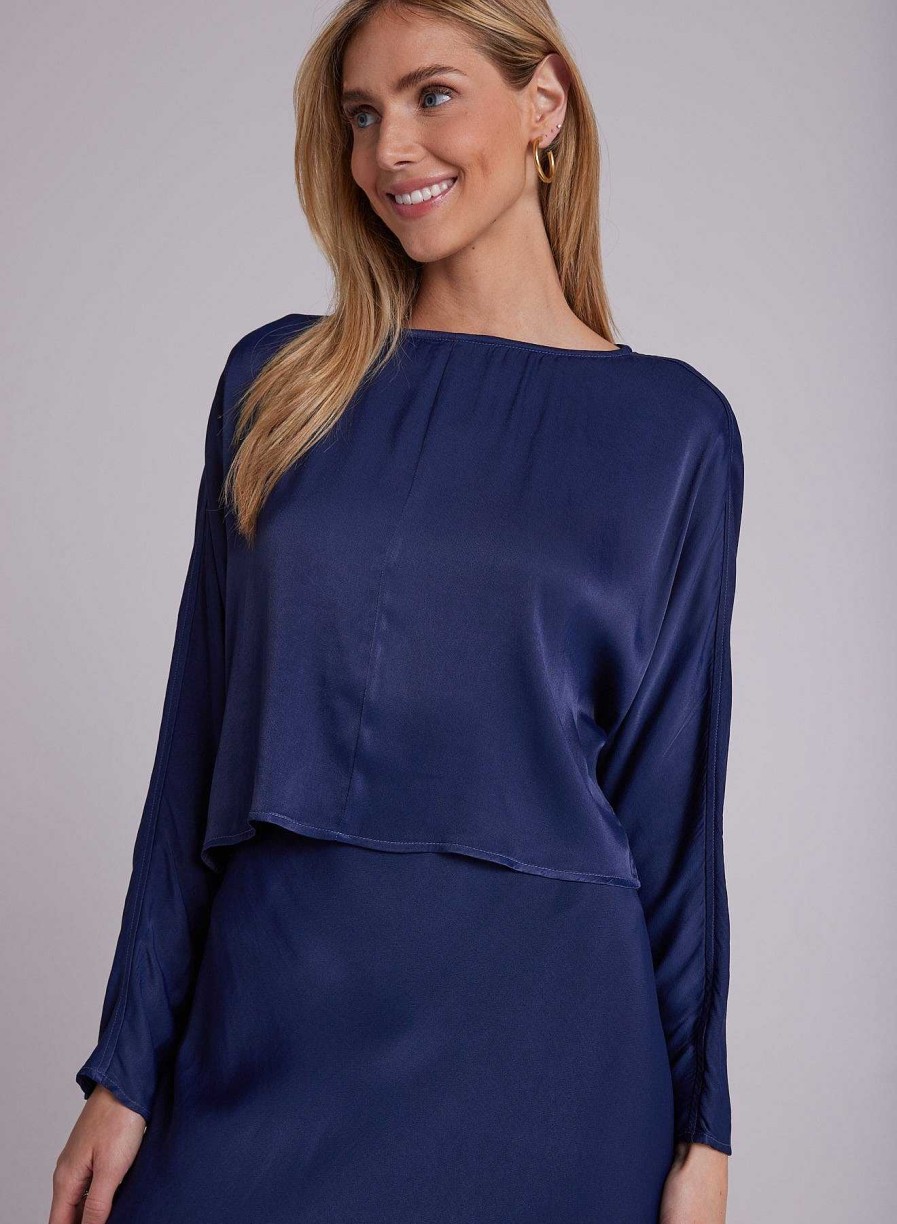 Bella Dahl Dolman Sleeve Satin Blouse - Dark Azure Long Sleeve