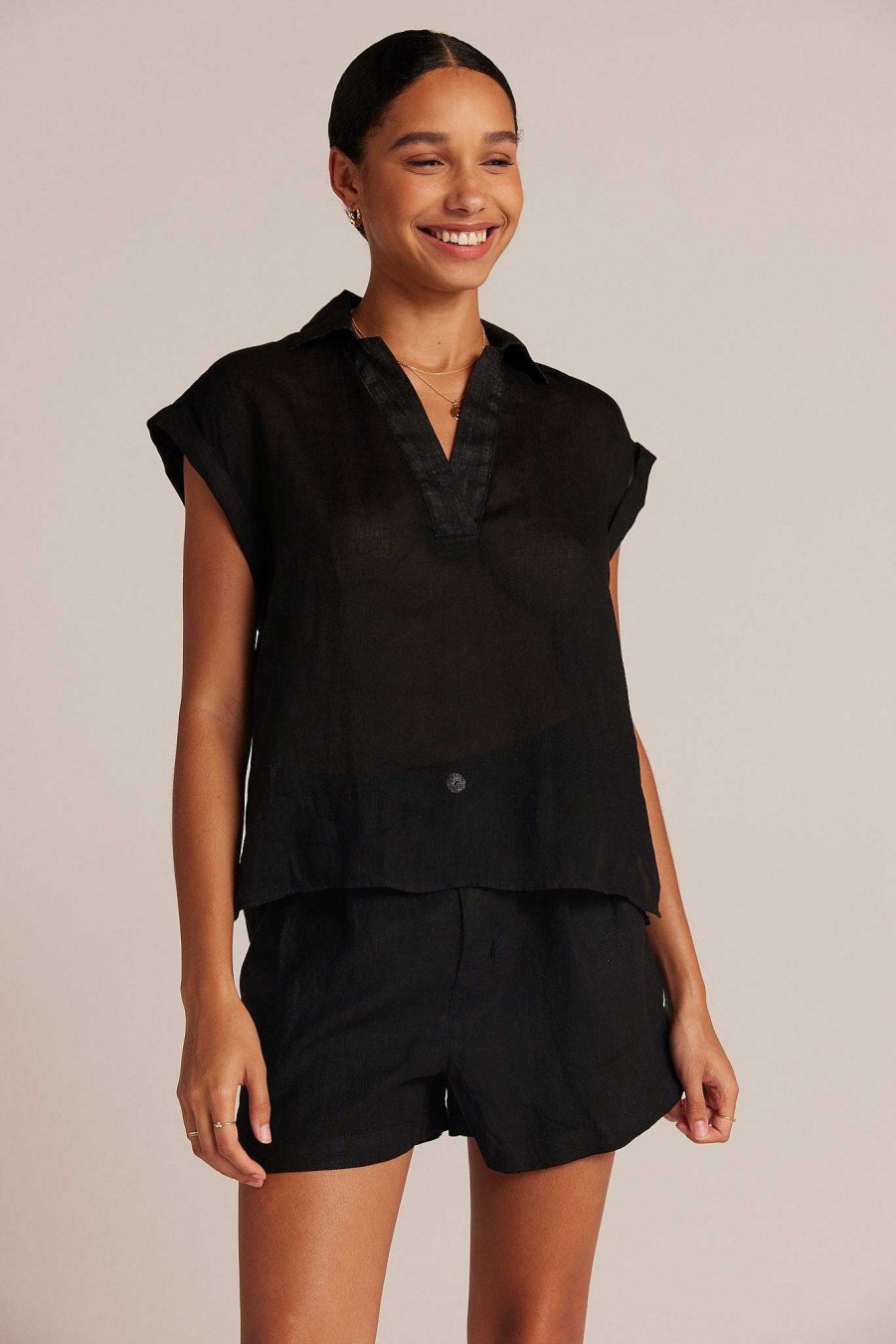 Bella Dahl Linen Short Sleeve Pullover - Black Short Sleeve