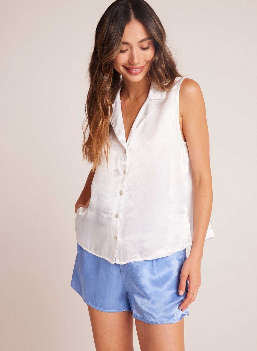 Bella Dahl Sleeveless Notch Collar Button Down - White Sleeveless