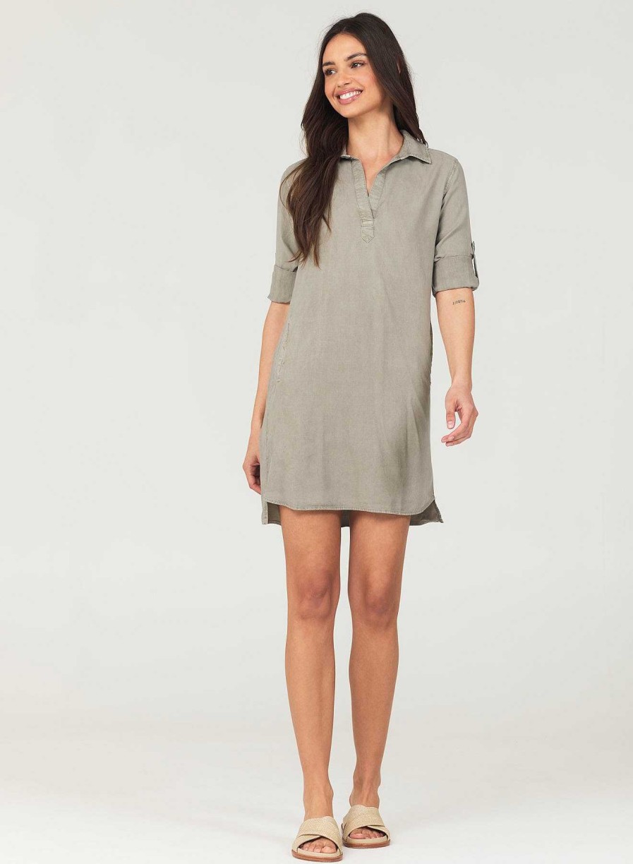 Bella Dahl A-Line Rolled Tab Sleeve Dress - Soft Army Mini Dresses