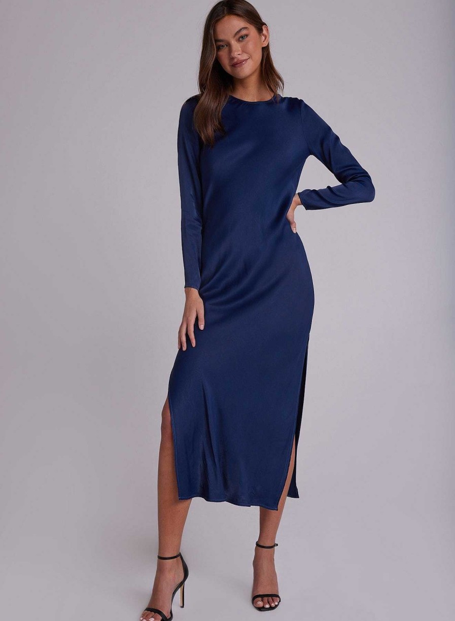 Bella Dahl Bias Long Sleeve Slip Dress - Dark Azure Midi Dresses