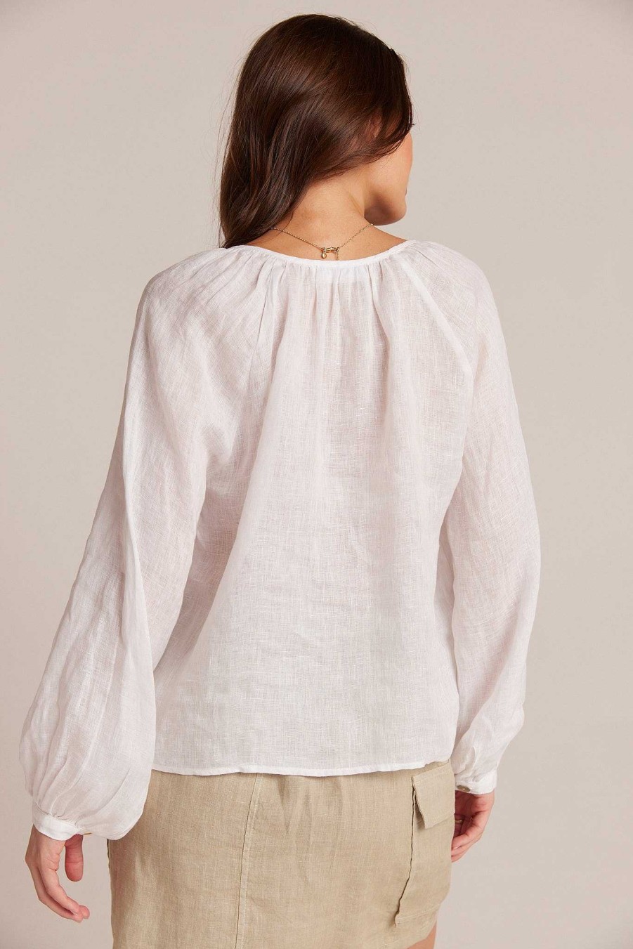 Bella Dahl Shirred Linen Raglan Blouse - White Long Sleeve