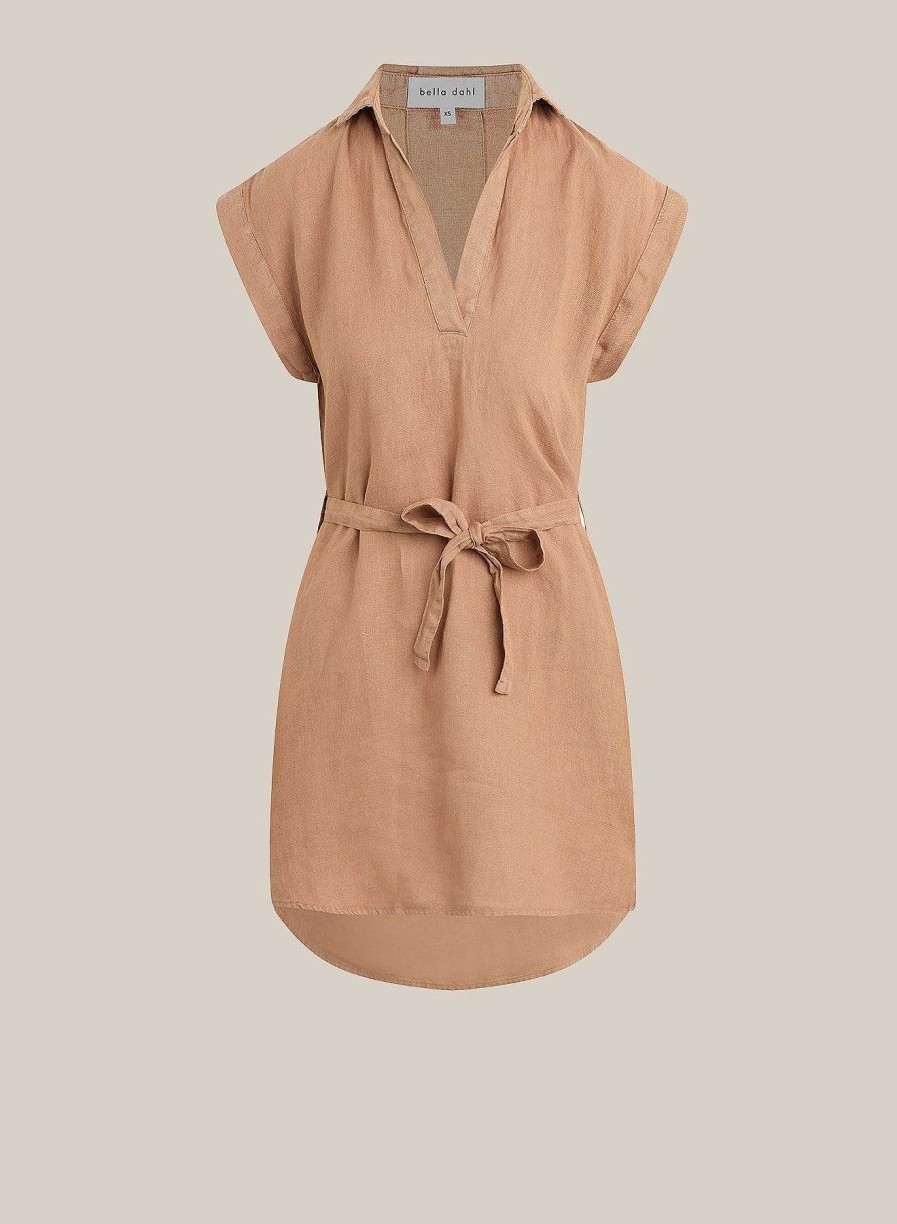 Bella Dahl Belted Linen Shirt Dress- Desert Brown Mini Dresses