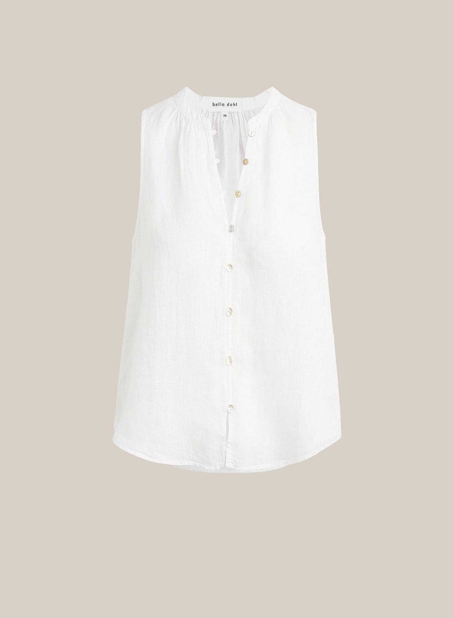 Bella Dahl Sleeveless Shirred Shoulder Blouse - White Sleeveless